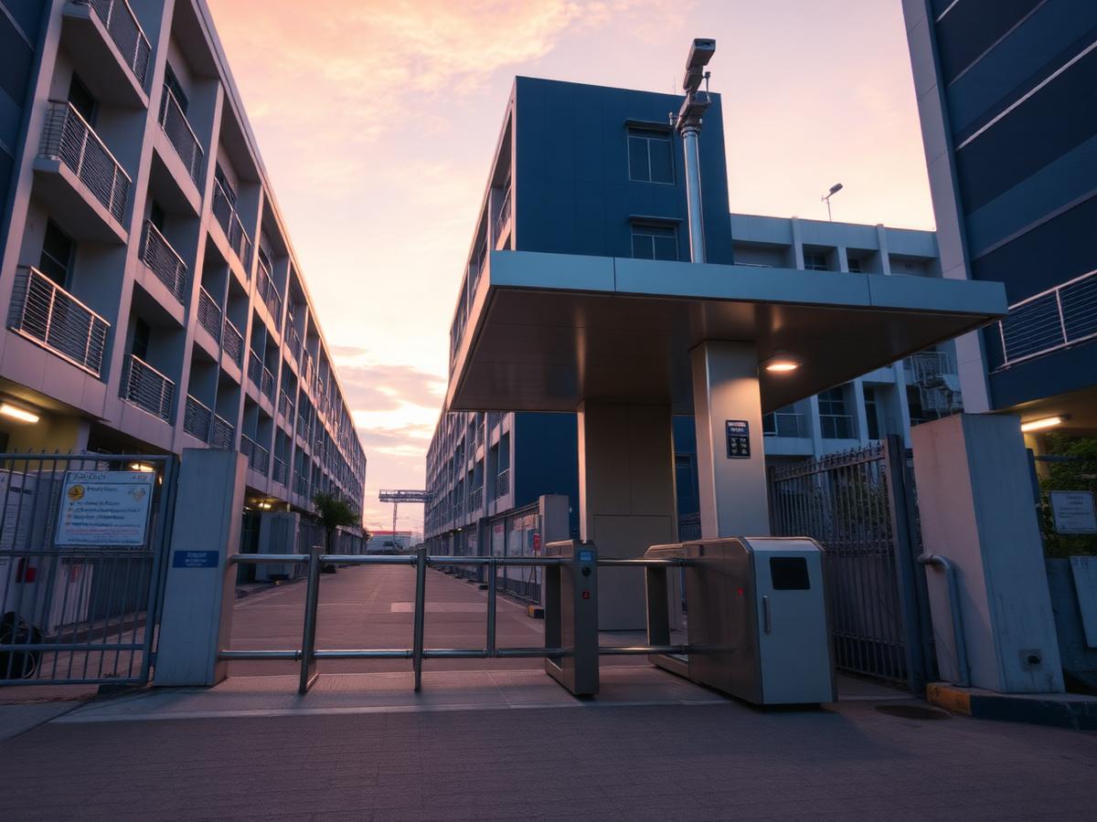 Controlled access checkpoint at a Home Project worker housing facility